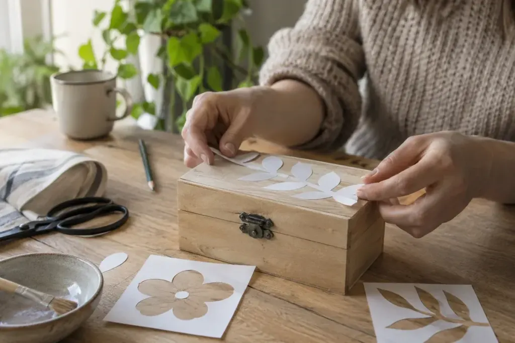 Hands positioning plain paper templates on a small wooden box before decorating it.