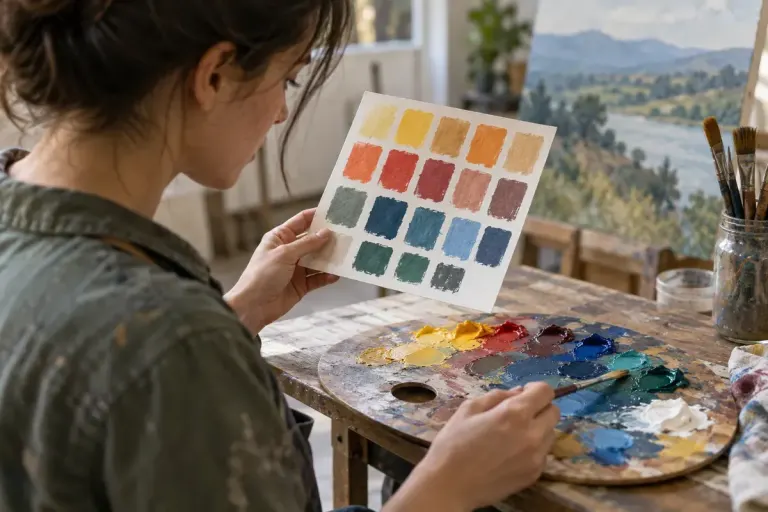 A painter comparing dry acrylic colour swatches beside wet paint on a palette.