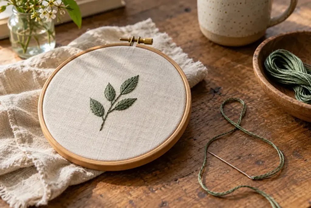 An embroidery hoop with plain fabric and a small stitched leaf, thread and needle resting safely on a table.