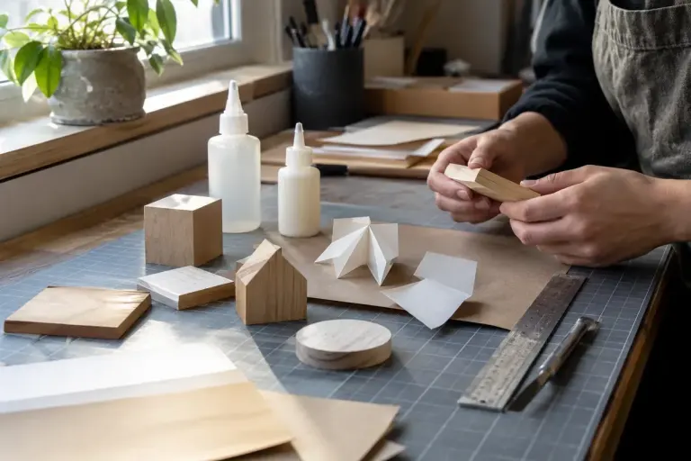 Small wood and paper craft test samples beside unbranded adhesive bottles on a protected workbench.