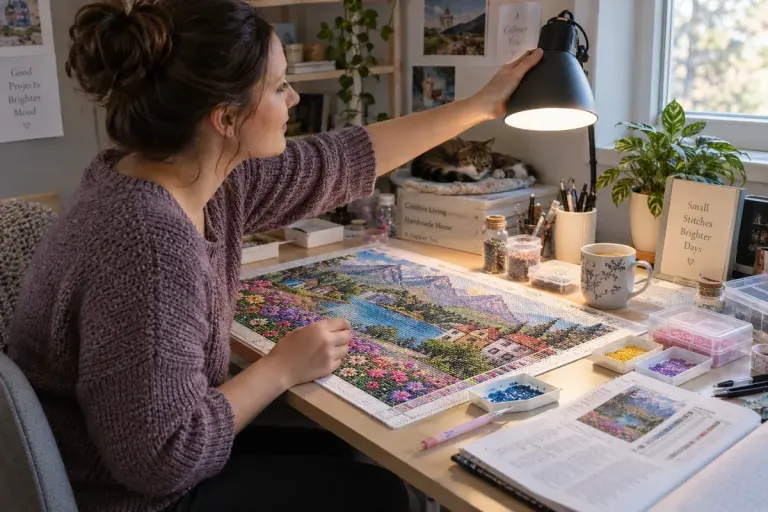 Person adjusting a desk lamp over a colourful diamond painting with trays of resin drills, softly lit hobby desk without glare.