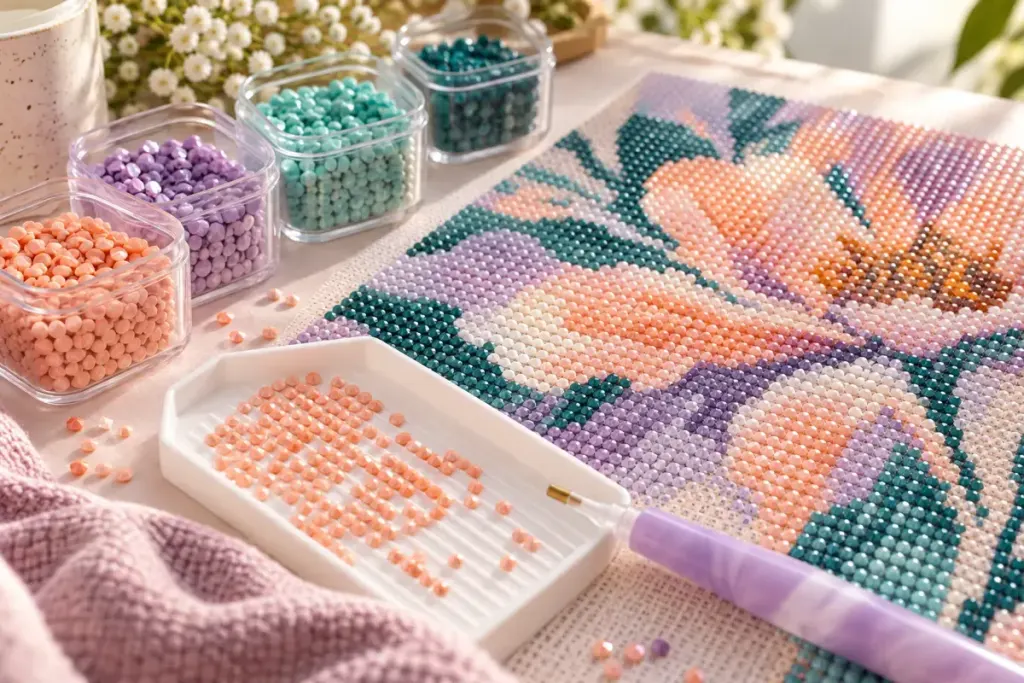 Diamond-painting canvas with labelled-style containers and a sorting tray