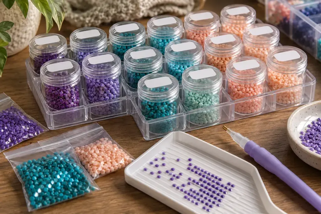 Diamond painting drills sorted into labelled containers.