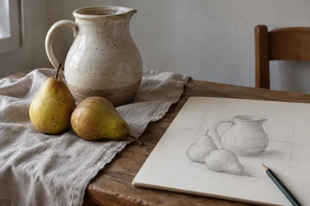 A ceramic jug and two pears arranged on a studio table beside a pencil sketch showing the surrounding empty shapes.