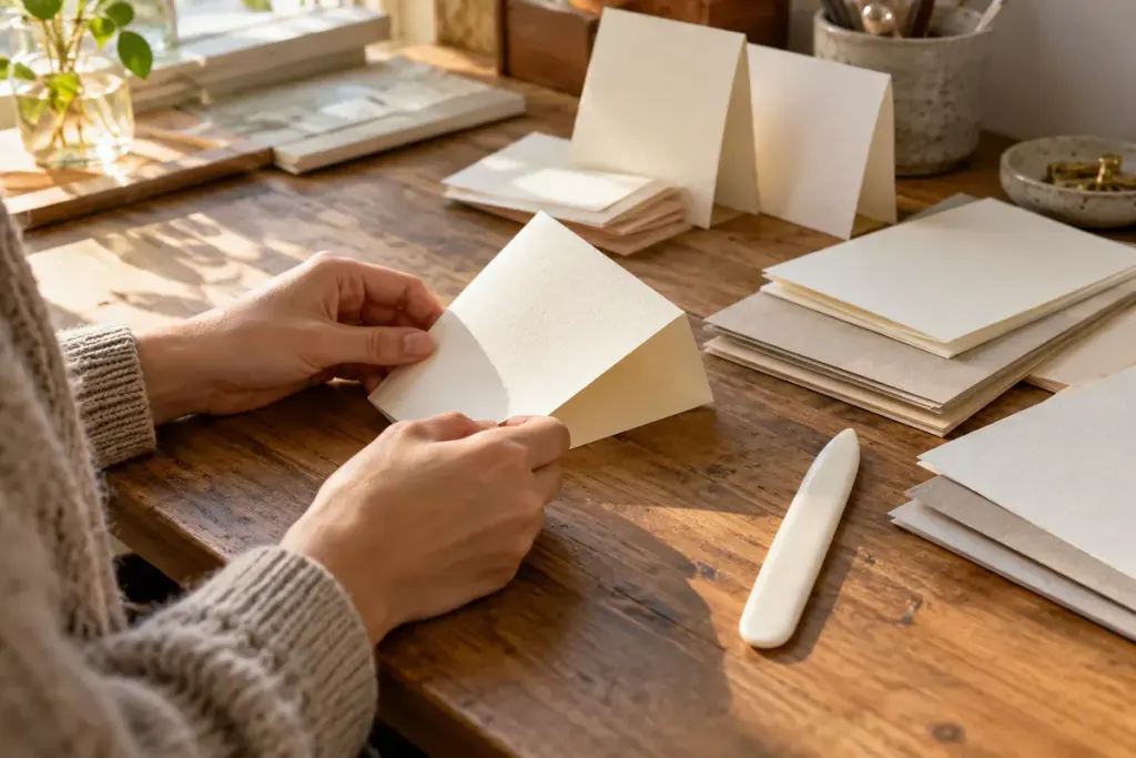 A craft desk with folded cream paper samples and a bone folder in warm window light.