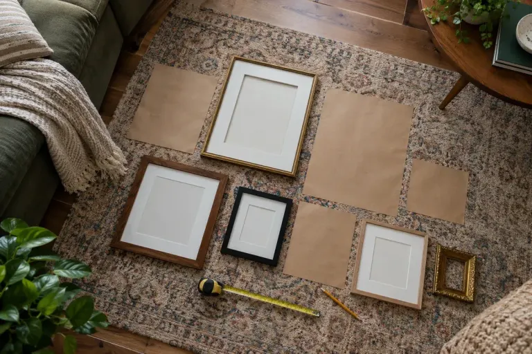 Top-down view of assorted empty frames and kraft paper templates arranged on a living-room floor, tape measure and pencil.
