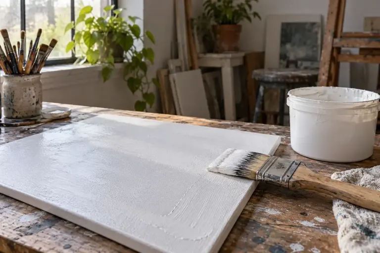 Canvas panel, broad brush and white painting ground on an artist's table.