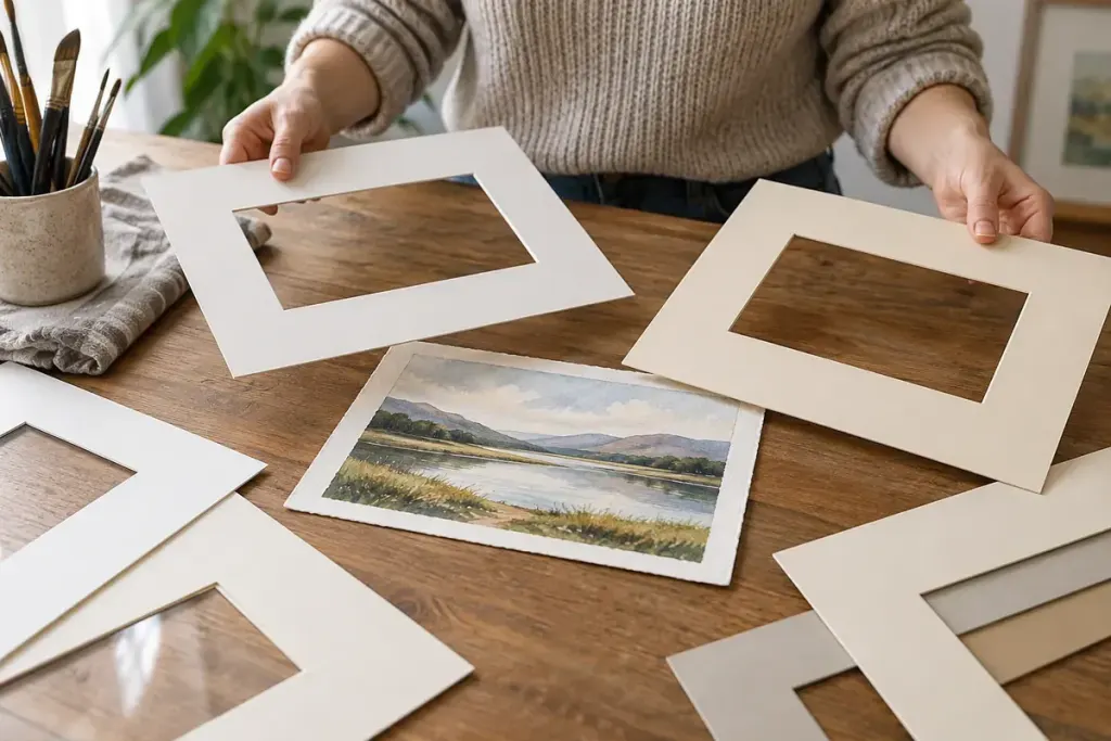 An artist comparing paper window mounts around an original small watercolour landscape on a clean table.