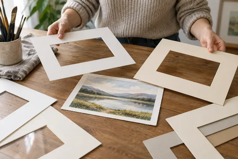 An artist comparing paper window mounts around an original small watercolour landscape on a clean table.