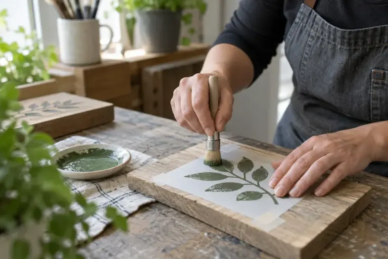 A craftsperson dabbing a nearly dry stencil brush through a simple leaf stencil on scrap wood.