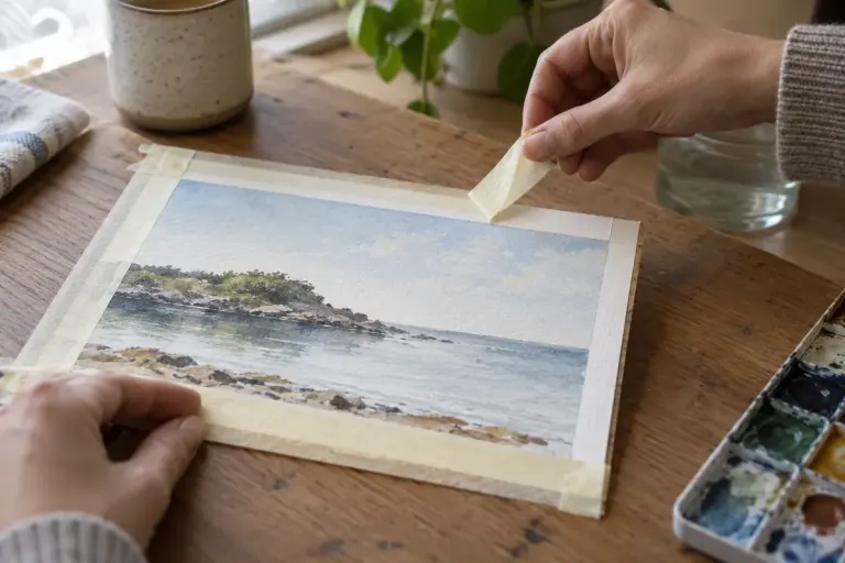 Hands slowly peeling low tack tape from a small watercolour paper border.