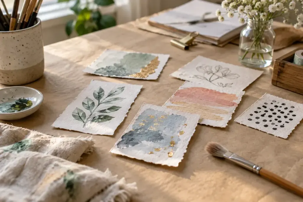Small decorated paper test swatches and a soft brush on a protected craft table.