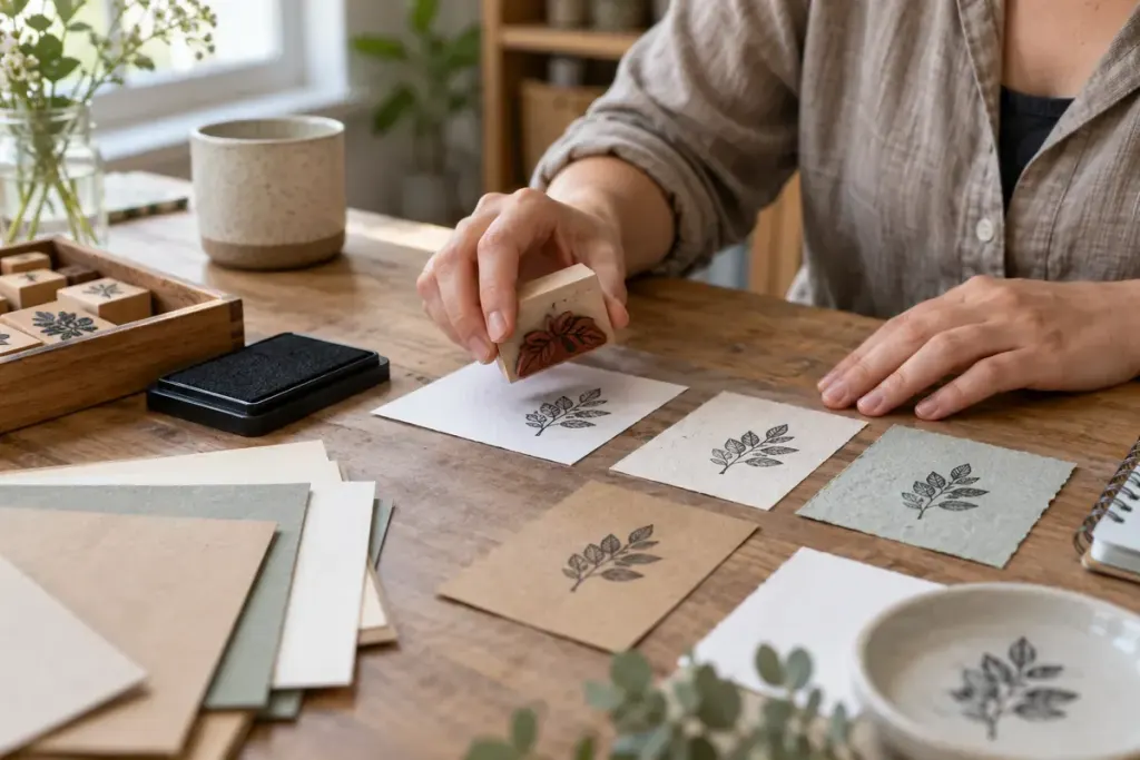 A crafter making rubber-stamp test impressions on different paper swatches.