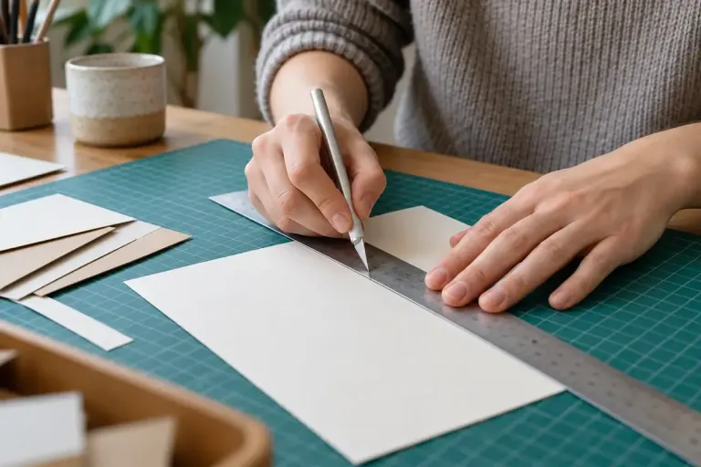 Cardstock being cut on a mat beside a metal straightedge.